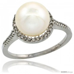 14k White Gold Halo Engagement 8.5 mm White Pearl Ring w/ 0.146 Carat Brilliant Cut Diamonds, 7/16 in. (11mm) wide