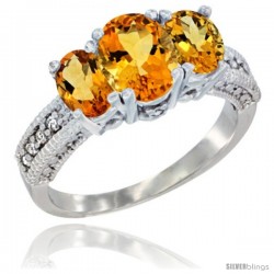 14k White Gold Ladies Oval Natural Citrine 3-Stone Ring Diamond Accent