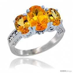 14K White Gold Ladies 3-Stone Oval Natural Citrine Ring Diamond Accent
