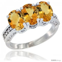 14K White Gold Natural Citrine Ring 3-Stone 7x5 mm Oval Diamond Accent