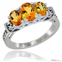 14K White Gold Natural Citrine Ring 3-Stone Oval with Diamond Accent