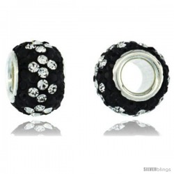 Sterling Silver Crystal Bead Charm Black, In White Color w/ Swarovski Elements, 11 mm