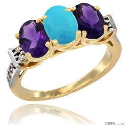 10K Yellow Gold Natural Turquoise & Amethyst Sides Ring 3-Stone Oval 7x5 mm Diamond Accent