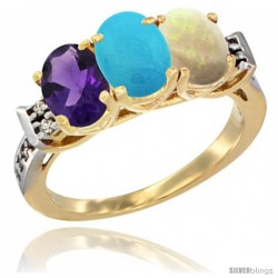 10K Yellow Gold Natural Amethyst, Turquoise & Opal Ring 3-Stone Oval 7x5 mm Diamond Accent