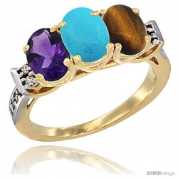 10K Yellow Gold Natural Amethyst, Turquoise & Tiger Eye Ring 3-Stone Oval 7x5 mm Diamond Accent