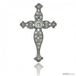 Sterling Silver Floral Fleury Cross Pendant Slide w/ Cubic Zirconia Stones, 1 1/16in. (27 mm) tall
