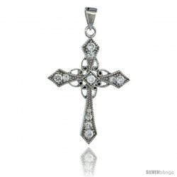 Sterling Silver Floral Patonce Cross Pendant w/ Cubic Zirconia Stones, 1 3/16 in. (31 mm) tall