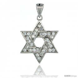 Sterling Silver Jewish Star of David Pendant w/ Cubic Zirconia Stones, 13/16 in. (21 mm) tall