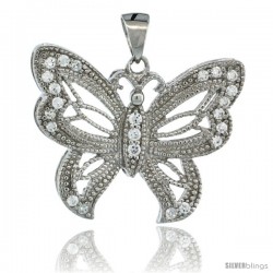 Sterling Silver Butterfly Pendant w/ Cubic Zirconia Stones, 3/4 in. (20 mm) tall