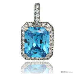 Sterling Silver Rectangular Frame Blue Topaz Color Pendant w/ Cubic Zirconia Stones, 9/16 in. (15 mm) tall