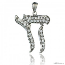 Sterling Silver Hebrew Letter Movable Chai Pendant w/ Cubic Zirconia Stones, 1 in. (24 mm) tall