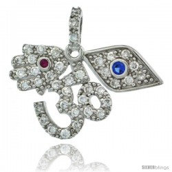 Sterling Silver OM Aum, Hamsa, Evil Eye Pendant w/ Cubic Zirconia Stones, 15/16 in. (24 mm) wide