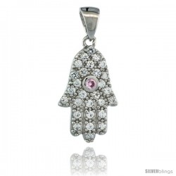 Sterling Silver Hamsa ( Hand of God ) Pink Center Pendant w/ Cubic Zirconia Stones, 3/4 in. (19 mm) tall