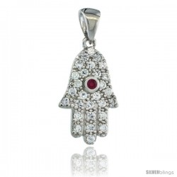Sterling Silver Hamsa ( Hand of God ) Red Center Pendant w/ Cubic Zirconia Stones, 3/4 in. (19 mm) tall