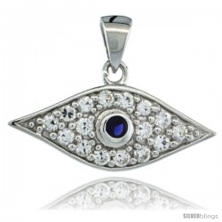 Sterling Silver Evil Eye Blue Center Pendant w/ Cubic Zirconia Stones, 7/8 in. (23 mm) wide