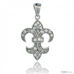 Sterling Silver Fleur de Lis Pendant w/ Cubic Zirconia Stones, 13/16 in. (21 mm) tall