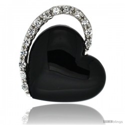 Sterling Silver Black Enameled Heart Pendant Slide w/ Cubic Zirconia Stones, 3/4 in. (19 mm) tall