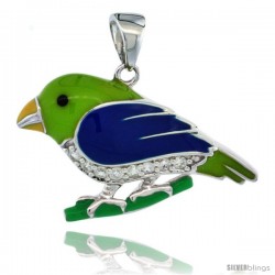 Sterling Silver Parrot Bird Pendant w/ Cubic Zirconia Stones, 1 in. (26 mm) wide, Enamel Finish