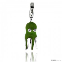 Sterling Silver Halloween Ghost CZ Charm for Bracelet, 13/16 in. (21 mm) tall, Green Enamel Finish