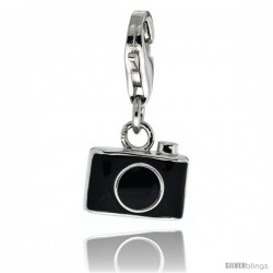 Sterling Silver Still Camera Charm for Bracelet, 7/16 in. (11 mm) wide, Black Enamel Finish