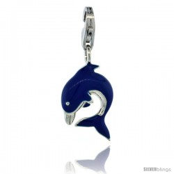 Sterling Silver Bottlenose Dolphin Charm for Bracelet, 3/4 in. (19 mm) tall, Blue Enamel Finish