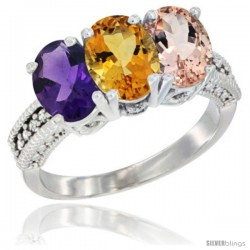 14K White Gold Natural Amethyst, Citrine & Morganite Ring 3-Stone 7x5 mm Oval Diamond Accent