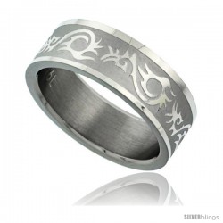 Surgical Steel 8mm Tribal Pattern Ring Wedding Band Matte finish