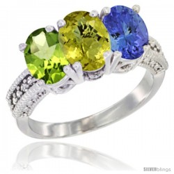 10K White Gold Natural Peridot, Lemon Quartz & Tanzanite Ring 3-Stone Oval 7x5 mm Diamond Accent