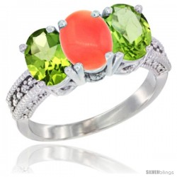 10K White Gold Natural Coral & Peridot Sides Ring 3-Stone Oval 7x5 mm Diamond Accent