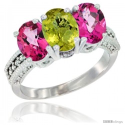 10K White Gold Natural Lemon Quartz & Pink Topaz Sides Ring 3-Stone Oval 7x5 mm Diamond Accent