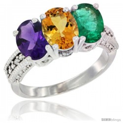 14K White Gold Natural Amethyst, Citrine & Emerald Ring 3-Stone 7x5 mm Oval Diamond Accent