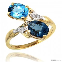 14k Gold ( 8x6 mm ) Double Stone Engagement Swiss & London Blue Topaz Ring w/ 0.04 Carat Brilliant Cut Diamonds & 2.34 Carats