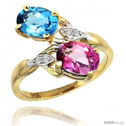 14k Gold ( 8x6 mm ) Double Stone Engagement Swiss Blue & Pink Topaz Ring w/ 0.04 Carat Brilliant Cut Diamonds & 2.34 Carats