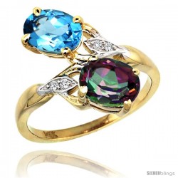 14k Gold ( 8x6 mm ) Double Stone Engagement Swiss Blue & Mystic Topaz Ring w/ 0.04 Carat Brilliant Cut Diamonds & 2.34 Carats