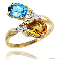 14k Gold ( 8x6 mm ) Double Stone Engagement Swiss Blue Topaz & Citrine Ring w/ 0.04 Carat Brilliant Cut Diamonds & 2.34 Carats