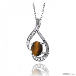 14K White Gold Natural Tiger Eye Pendant, 3/4 in long