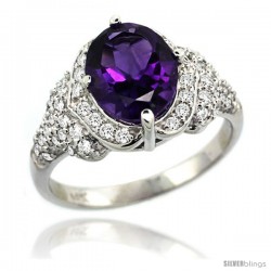 14k White Gold Natural Amethyst Ring 10x8 mm Oval Shape Diamond Halo, 1/2 in wide