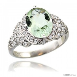 14k White Gold Natural Green Amethyst Ring 10x8 mm Oval Shape Diamond Halo, 1/2 in wide