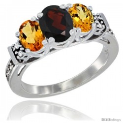 14K White Gold Natural Garnet & Citrine Ring 3-Stone Oval with Diamond Accent