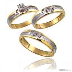 Gold Plated Sterling Silver Diamond Trio Wedding Ring Set His 5mm & Hers 4.5mm 0.075 cttw Ladies 5-10 Men 8 to 14