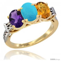 10K Yellow Gold Natural Amethyst, Turquoise & Whisky Quartz Ring 3-Stone Oval 7x5 mm Diamond Accent