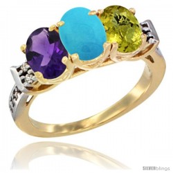 10K Yellow Gold Natural Amethyst, Turquoise & Lemon Quartz Ring 3-Stone Oval 7x5 mm Diamond Accent