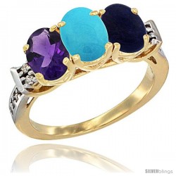 10K Yellow Gold Natural Amethyst, Turquoise & Lapis Ring 3-Stone Oval 7x5 mm Diamond Accent