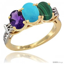 10K Yellow Gold Natural Amethyst, Turquoise & Malachite Ring 3-Stone Oval 7x5 mm Diamond Accent