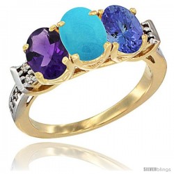 10K Yellow Gold Natural Amethyst, Turquoise & Tanzanite Ring 3-Stone Oval 7x5 mm Diamond Accent