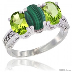 10K White Gold Natural Malachite & Peridot Sides Ring 3-Stone Oval 7x5 mm Diamond Accent