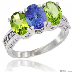 10K White Gold Natural Tanzanite & Peridot Sides Ring 3-Stone Oval 7x5 mm Diamond Accent