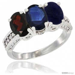 14K White Gold Natural Garnet, Blue Sapphire & Lapis Ring 3-Stone 7x5 mm Oval Diamond Accent