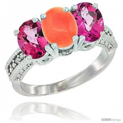 10K White Gold Natural Coral & Pink Topaz Sides Ring 3-Stone Oval 7x5 mm Diamond Accent