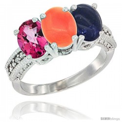 10K White Gold Natural Pink Topaz, Coral & Lapis Ring 3-Stone Oval 7x5 mm Diamond Accent